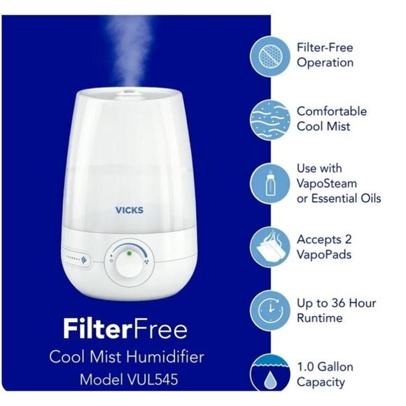 Vicks Filter Free Cool Mist Humidifier, White, VUL545/ New In Box - Picture 5 of 14